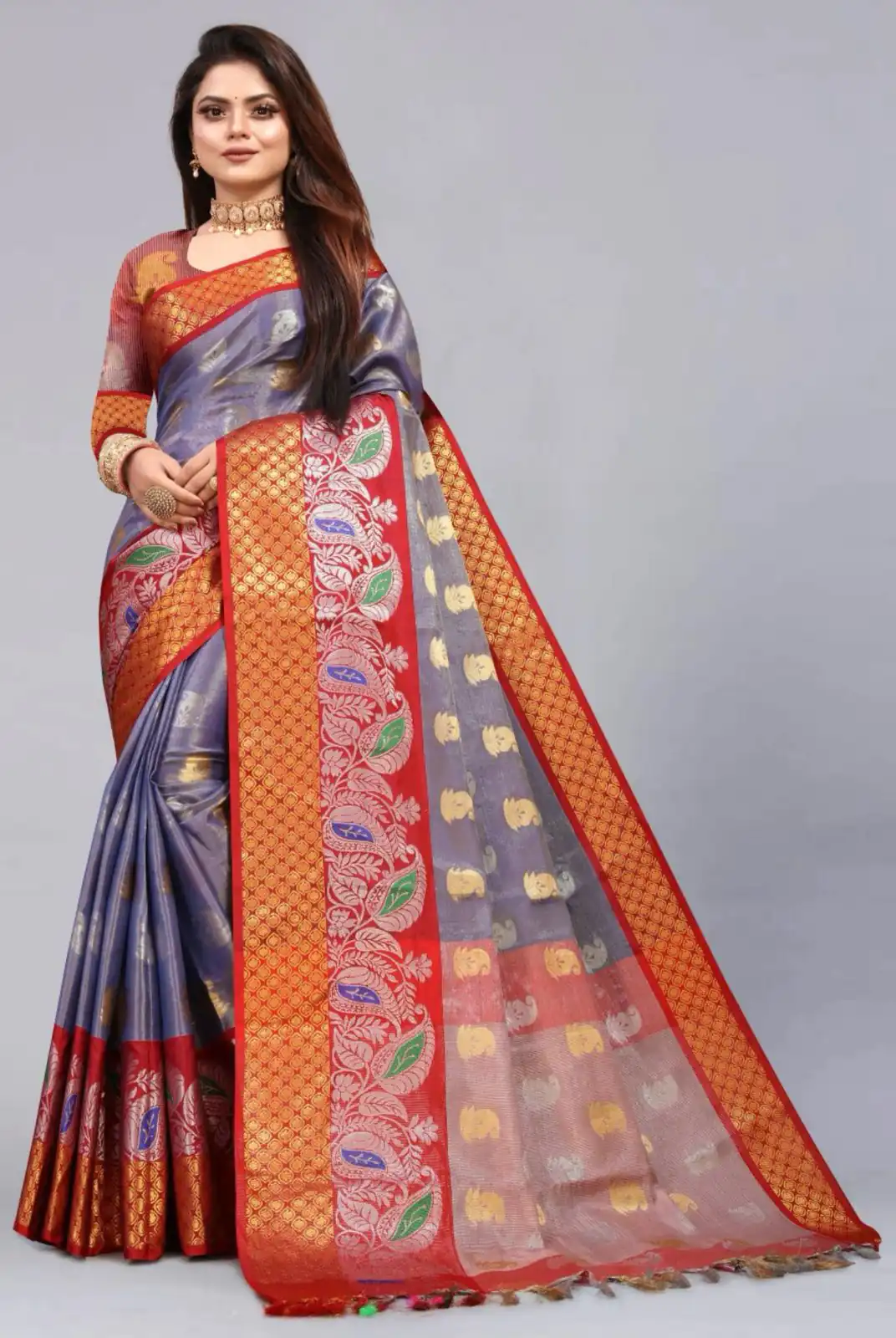 MB™️  3243 Grey Color Soft Organic Tissue Silk Saree Gold ,Silver Zari Weaving Casual, Party Wear, Festival, Events, Etc. Delivery 4-6 Working Days @1550/- | Bollywood Sarees, Creative Sarees, Designer Sarees, Embroidered Sarees, Ethnic Saree, Modern Digital sarees, Party Wear Sarees, Sarees