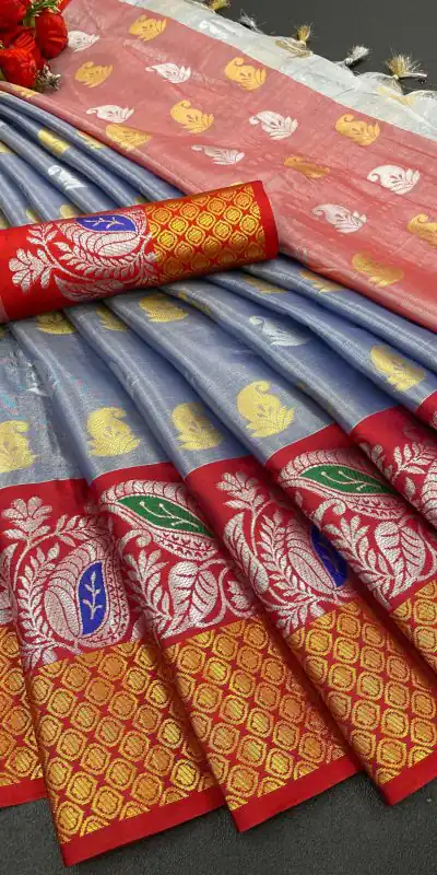 MB™️  3243 Grey Color Soft Organic Tissue Silk Saree Gold ,Silver Zari Weaving Casual, Party Wear, Festival, Events, Etc. Delivery 4-6 Working Days @1550/- | Bollywood Sarees, Creative Sarees, Designer Sarees, Embroidered Sarees, Ethnic Saree, Modern Digital sarees, Party Wear Sarees, Sarees