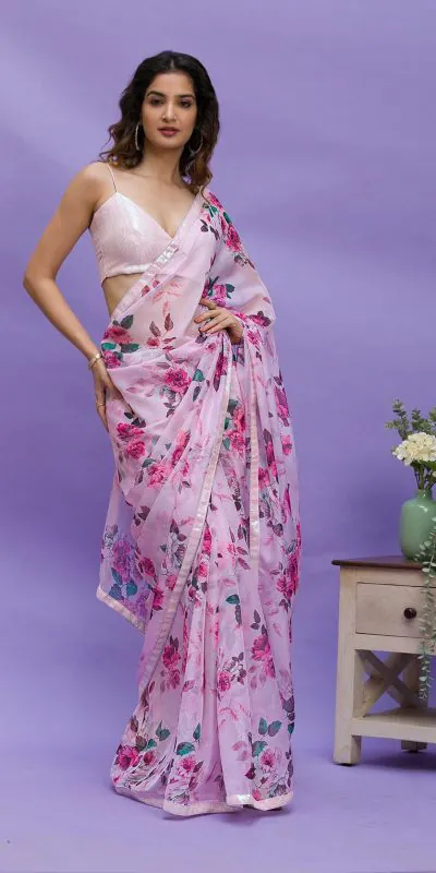 RS 45 Pink Color Floral Digital Printed Georgette Lace Border Saree Casual, Party, Wedding, Festive, Events .  Expected Delivery  4-6 Working Days @1799/- | Bollywood Sarees, Creative Sarees, Designer Sarees, Embroidered Sarees, Ethnic Saree, Modern Digital sarees, Party Wear Sarees, Sarees
