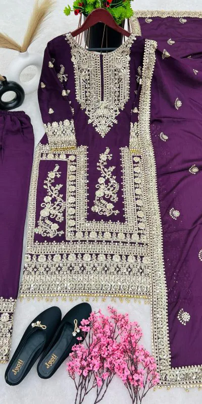 SRK 5146 Purple Color Pure Chinnon Silk Embroidery Coding Dori Salwar Suit Wedding, Party, Festive, Events Expected Delivery 4-6 Working Days @ 2199/- | Casual Suits, Jump Suits, Creative suits, Designer Suits, Palazzo Suits, Party Wear Suits, Patiala Suits, Salwar suit, Straight Suits
