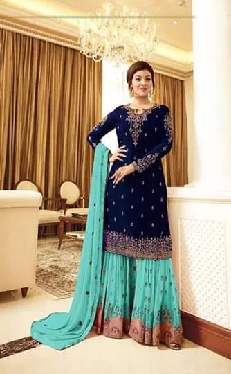 FC Fiona 22216  Royal Blue Georgette Embroidery Stone Work Sharara Suit Wedding, Party, Festive, Events Etc. Expected Delivery 4-6 Working Days  @1949/- | Jump Suits, Casual Suits, Creative suits, Designer Suits, Palazzo Suits, Party Wear Suits, Patiala Suits, Salwar suit, Straight Suits