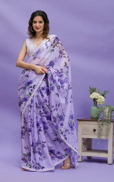 RS 45 Violet Color Floral Digital Printed Georgette Lace Border Saree Casual, Party, Wedding, Festive, Events .  Expected Delivery  4-6 Working Days @1799/- | Bollywood Sarees, Creative Sarees, Designer Sarees, Embroidered Sarees, Ethnic Saree, Modern Digital sarees, Party Wear Sarees, Sarees