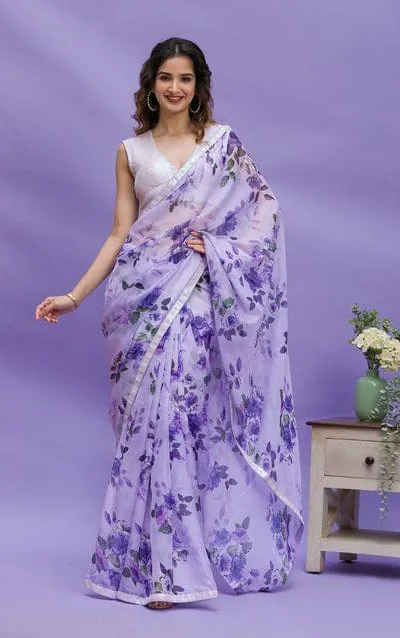 RS 45 Violet Color Floral Digital Printed Georgette Lace Border Saree Casual, Party, Wedding, Festive, Events .  Expected Delivery  4-6 Working Days @1799/- | Bollywood Sarees, Creative Sarees, Designer Sarees, Embroidered Sarees, Ethnic Saree, Modern Digital sarees, Party Wear Sarees, Sarees