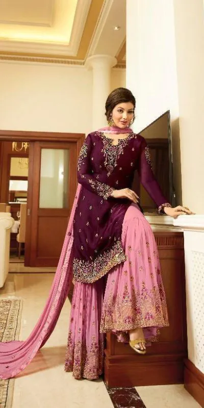 FC Fiona 22216 Wine Georgette Embroidery Stone Work Sharara Suit Wedding, Party, Festive, Events Etc. Expected Delivery 4-6 Working Days  @1949/- | Jump Suits, Casual Suits, Creative suits, Designer Suits, Palazzo Suits, Party Wear Suits, Patiala Suits, Salwar suit, Straight Suits