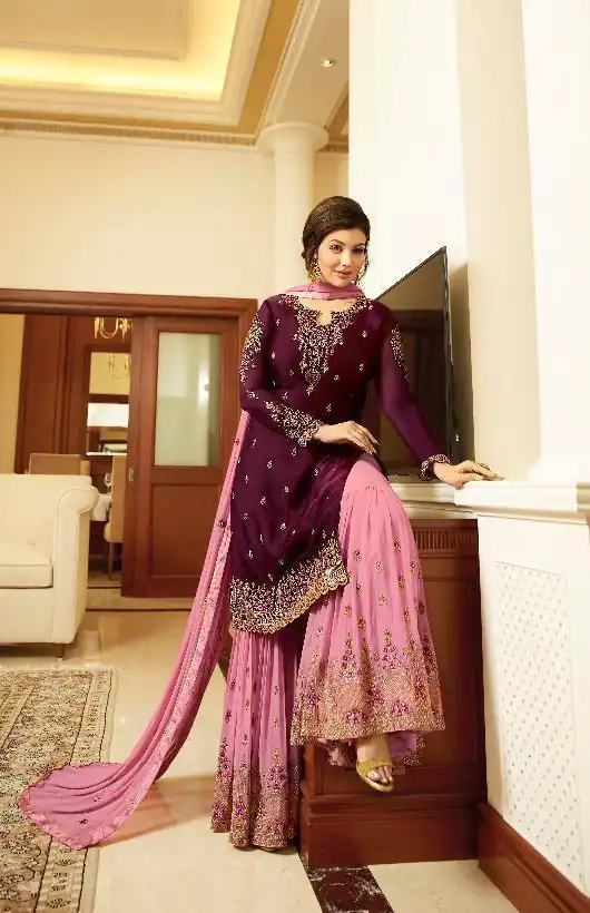 FC Fiona 22216 Wine Georgette Embroidery Stone Work Sharara Suit Wedding, Party, Festive, Events Etc. Expected Delivery 4-6 Working Days  @1949/- | Jump Suits, Casual Suits, Creative suits, Designer Suits, Palazzo Suits, Party Wear Suits, Patiala Suits, Salwar suit, Straight Suits
