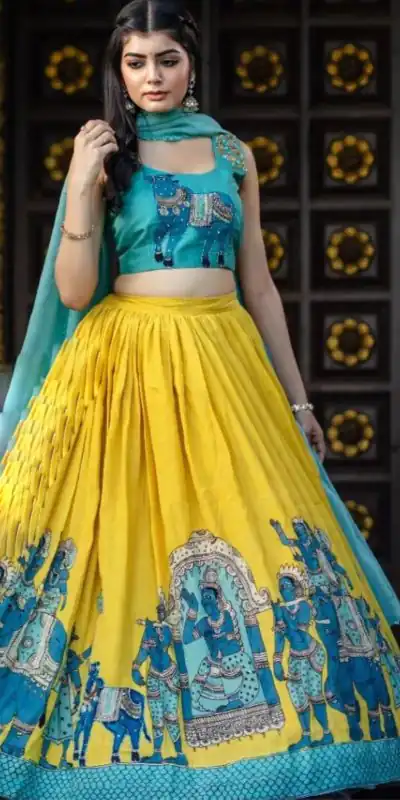 PC 290 Mustard Color Chant Crepe Kalamkari Print Lehenga Choli Casual, Party Wear, Events, Festivals Wear Etc. Expected Delivery 4-6 Working Days @2049/- | Bollywood Lehenga, Creative Lehenga, Designer Lehenga, Embroidered Lehenga, Lehenga, Party Wear Lehenga