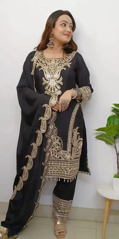 SRK 5149 Black Color Pure Chinnon Silk Embroidery Sequence Salwar Suit Wedding, Party, Festive, Events Expected Delivery 4-6 Working Days @ 2049/- | Jump Suits, Casual Suits, Creative suits, Designer Suits, Palazzo Suits, Party Wear Suits, Patiala Suits, Salwar suit, Straight Suits