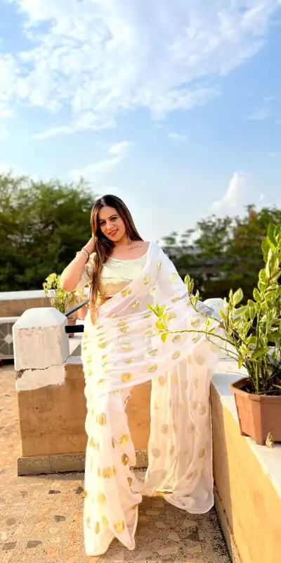 JR 589 White Color Georgette Embroidery Sequence work with folo piping Saree Casual, Wedding, Festive, Events . Expected Delivery 4-6 Working Days @1599/- | Bollywood Sarees, Creative Sarees, Designer Sarees, Embroidered Sarees, Ethnic Saree, Modern Digital sarees, Party Wear Sarees, Sarees