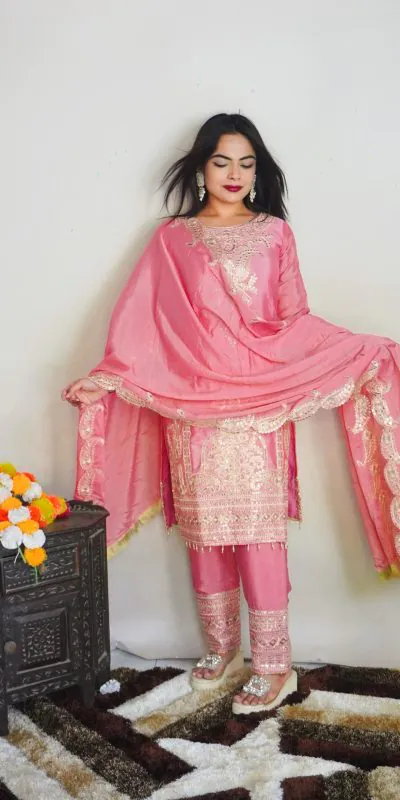 SRK 5149 Pink Color Pure Chinnon Silk Embroidery Sequence Salwar Suit Wedding, Party, Festive, Events Expected Delivery 4-6 Working Days @ 2049/- | Jump Suits, Casual Suits, Creative suits, Designer Suits, Palazzo Suits, Party Wear Suits, Patiala Suits, Salwar suit, Straight Suits