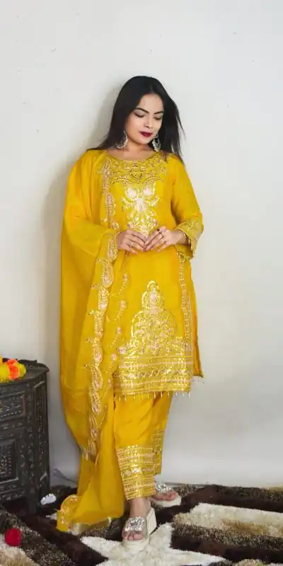 SRK 5149 Yellow Color Pure Chinnon Silk Embroidery Sequence Salwar Suit Wedding, Party, Festive, Events Expected Delivery 4-6 Working Days @ 2049/- | Jump Suits, Casual Suits, Creative suits, Designer Suits, Palazzo Suits, Party Wear Suits, Patiala Suits, Salwar suit, Straight Suits
