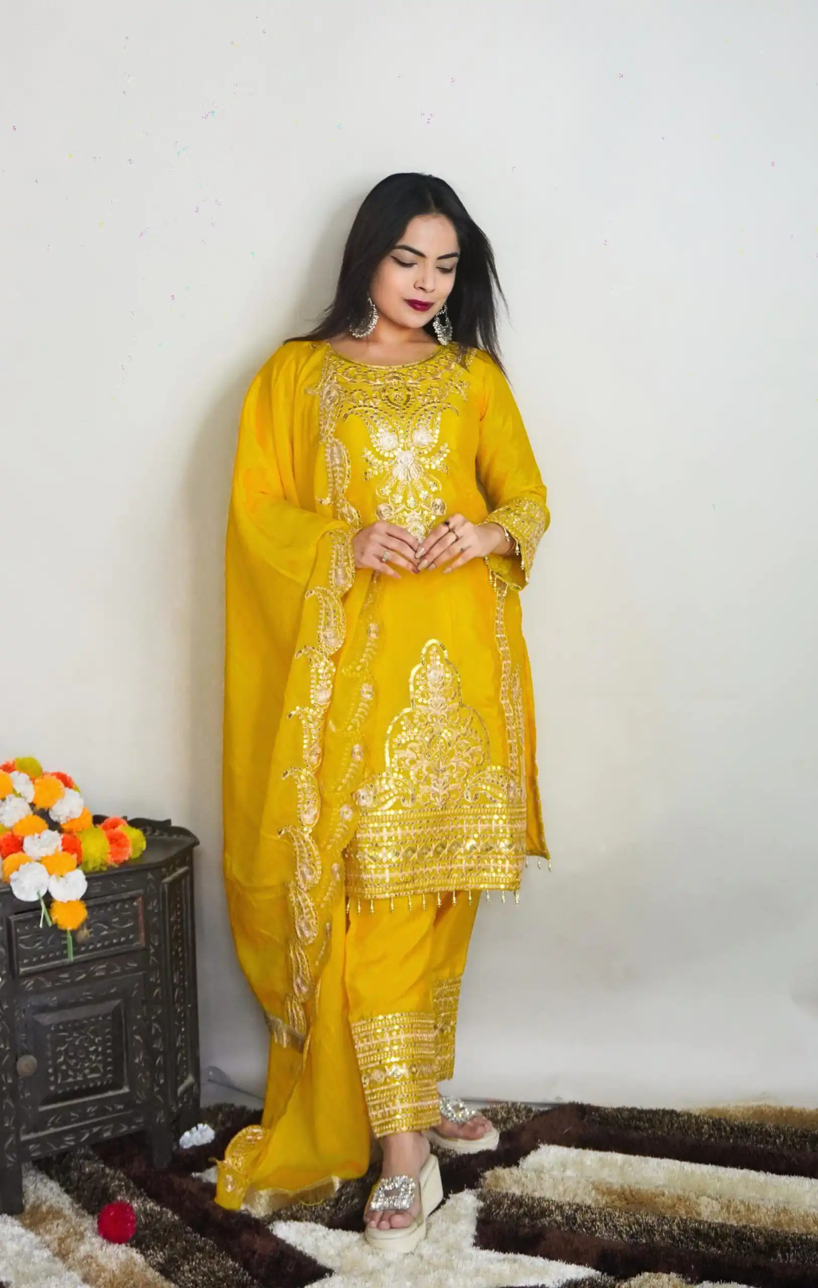 SRK 5149 Yellow Color Pure Chinnon Silk Embroidery Sequence Salwar Suit Wedding, Party, Festive, Events Expected Delivery 4-6 Working Days @ 2049/- | Jump Suits, Casual Suits, Creative suits, Designer Suits, Palazzo Suits, Party Wear Suits, Patiala Suits, Salwar suit, Straight Suits