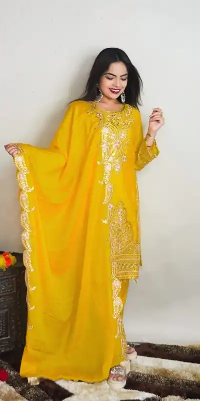 SRK 5149 Yellow Color Pure Chinnon Silk Embroidery Sequence Salwar Suit Wedding, Party, Festive, Events Expected Delivery 4-6 Working Days @ 2049/- | Jump Suits, Casual Suits, Creative suits, Designer Suits, Palazzo Suits, Party Wear Suits, Patiala Suits, Salwar suit, Straight Suits