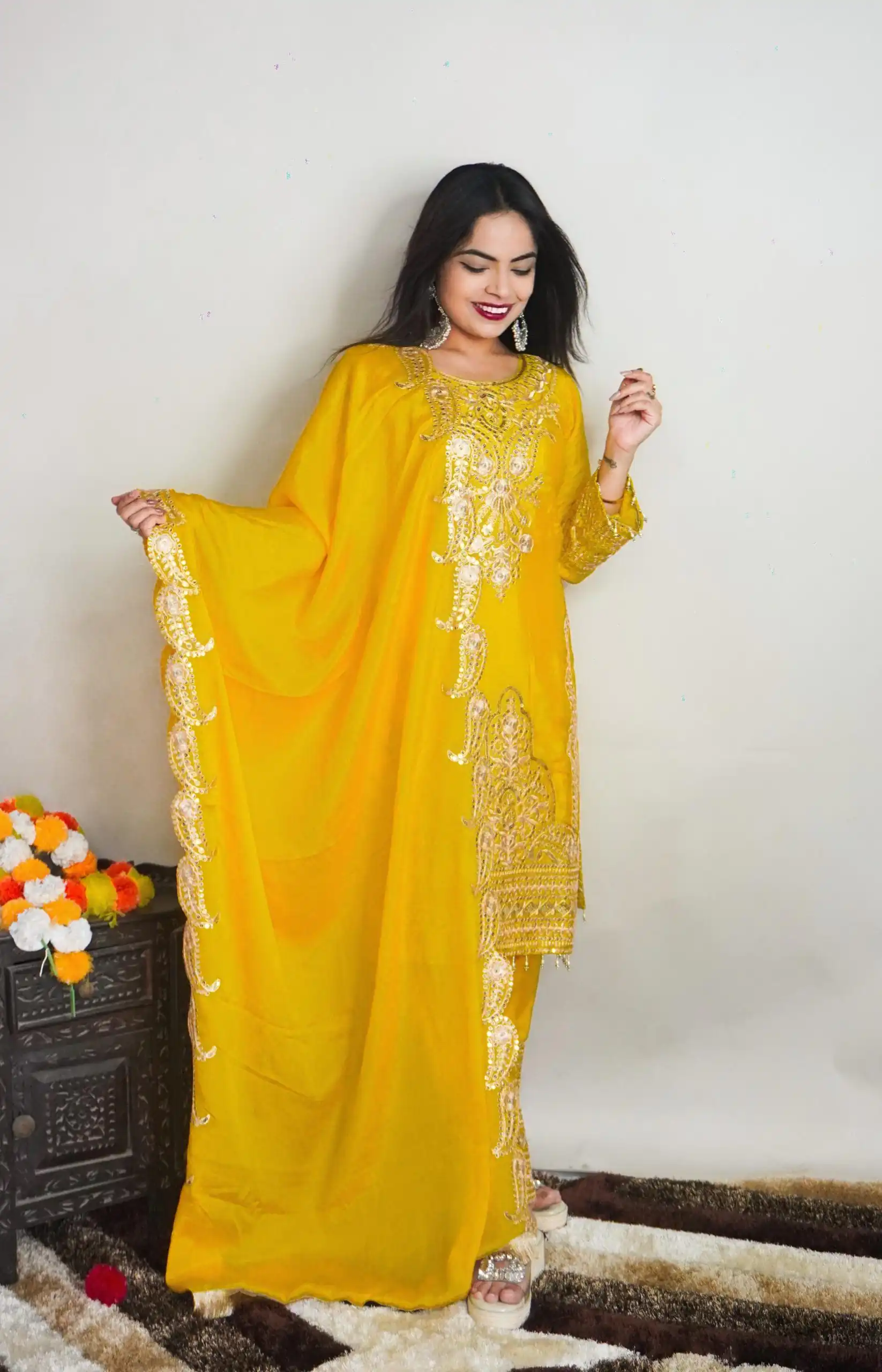 SRK 5149 Yellow Color Pure Chinnon Silk Embroidery Sequence Salwar Suit Wedding, Party, Festive, Events Expected Delivery 4-6 Working Days @ 2049/- | Jump Suits, Casual Suits, Creative suits, Designer Suits, Palazzo Suits, Party Wear Suits, Patiala Suits, Salwar suit, Straight Suits