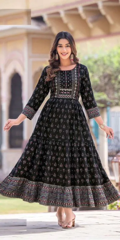 INLI Glamour Black Color Rayon Printed Gown With Hand Work  Casual, Wedding, Party, Festive, Events Etc. Expected Delivery 4-6 Working Days @1599 / | Bollywood Gowns, Creative Gowns, Designer Gowns, Embroidered Gowns, Gowns, Party Wear Gowns
