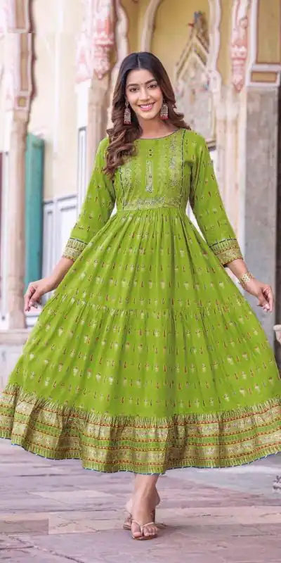 INLI Glamour Green Color Rayon Printed Gown With Hand Work  Casual, Wedding, Party, Festive, Events Etc. Expected Delivery 4-6 Working Days @1599 /- | Bollywood Gowns, Creative Gowns, Designer Gowns, Embroidered Gowns, Gowns, Party Wear Gowns