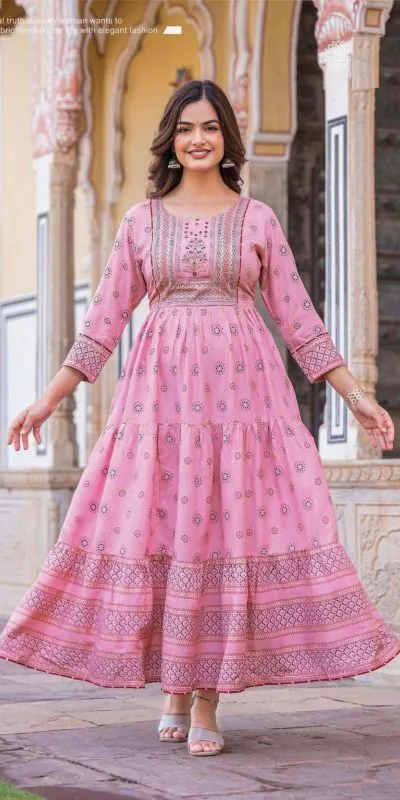 INLI Glamour Light Pink Color Rayon Printed Gown With Hand Work  Casual, Wedding, Party, Festive, Events . Expected Delivery 4-6 Working Days @1599 | Bollywood Gowns, Creative Gowns, Designer Gowns, Embroidered Gowns, Gowns, Party Wear Gowns