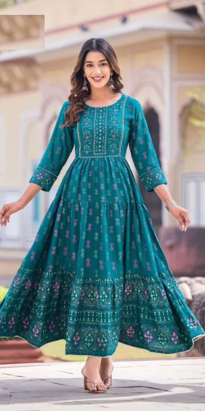 INLI Glamour Peacock Green Color Rayon Printed Gown With Hand Work  Casual, Party, Festive, Events Etc. Expected Delivery 4-6 Working Days @1599 /- | Bollywood Gowns, Creative Gowns, Designer Gowns, Embroidered Gowns, Gowns, Party Wear Gowns