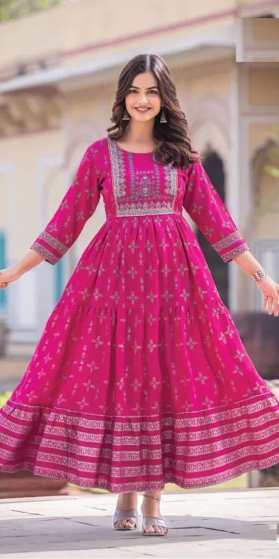 INLI Glamour Pink Color Rayon Printed Gown With Hand Work  Casual, Wedding, Party, Festive, Events Etc. Expected Delivery 4-6 Working Days @1599 /- | Bollywood Gowns, Creative Gowns, Designer Gowns, Embroidered Gowns, Gowns, Party Wear Gowns