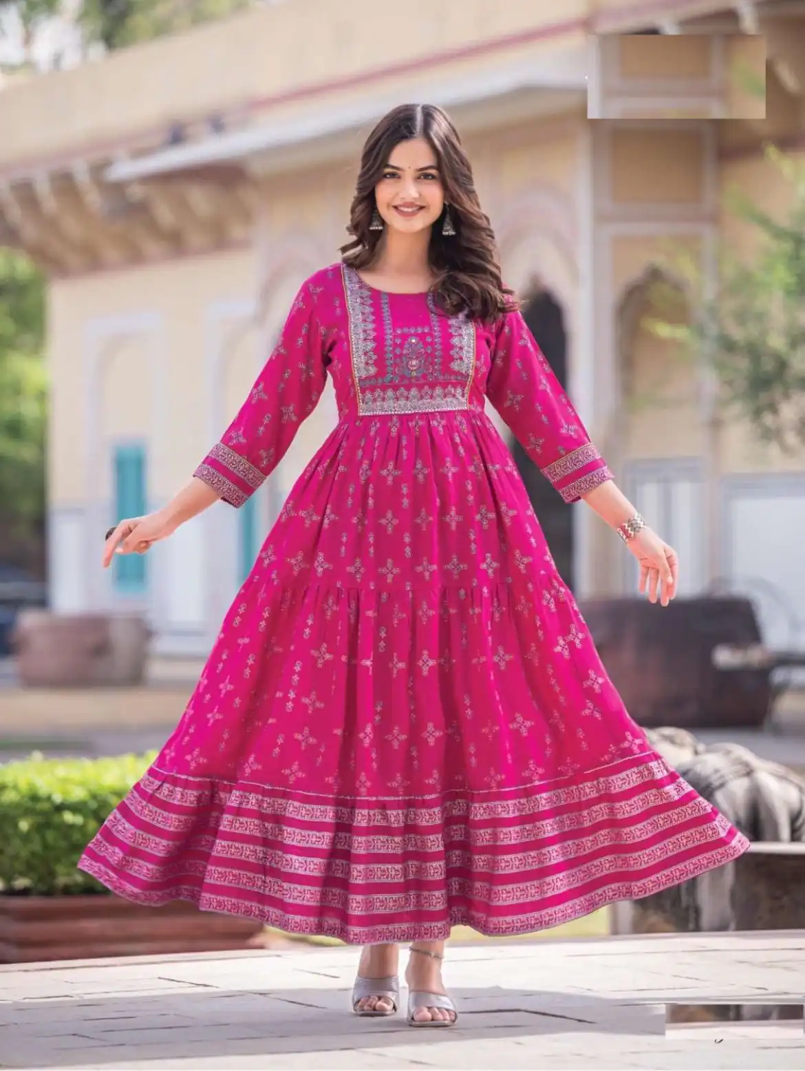 INLI Glamour Pink Color Rayon Printed Gown With Hand Work Casual, Wedding, Party, Festive, Events Etc. Expected Delivery 4-6 Working Days @1599 /- | Bollywood Gowns, Creative Gowns, Designer Gowns, Embroidered Gowns, Gowns, Party Wear Gowns