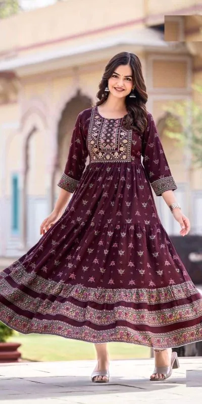 INLI Glamour Purple Color Rayon Printed Gown With Hand Work  Casual, Wedding, Party, Festive, Events Etc. Expected Delivery 4-6 Working Days @1599 / | Bollywood Gowns, Creative Gowns, Designer Gowns, Embroidered Gowns, Gowns, Party Wear Gowns