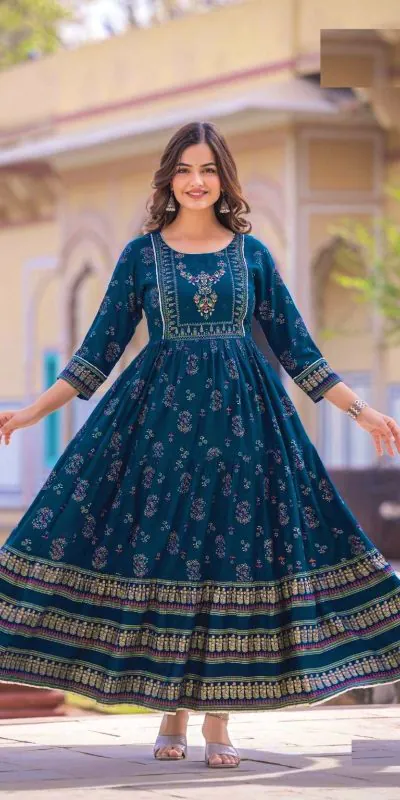 INLI Glamour Royal Blue Color Rayon Printed Gown With Hand Work  Casual, Wedding, Party, Festive, Events Etc. Delivery 4-6 Working Days @1599 /- | Bollywood Gowns, Creative Gowns, Designer Gowns, Embroidered Gowns, Gowns, Party Wear Gowns