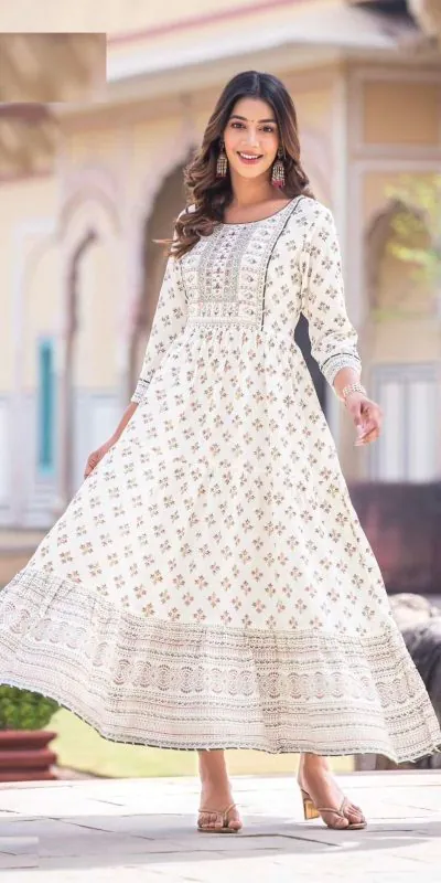 INLI Glamour White Color Rayon Printed Gown With Hand Work  Casual, Wedding, Party, Festive, Events Etc. Expected Delivery 4-6 Working Days @1599 /- | Bollywood Gowns, Creative Gowns, Designer Gowns, Embroidered Gowns, Gowns, Party Wear Gowns