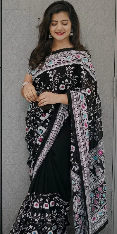 DLF BLACK QUEEN Color Faux Georgette Embroidery Work Saree Casual, Party Wear, Wedding   Expected Delivery 4-6 Working Days@2249 /- | Bollywood Sarees, Creative Sarees, Designer Sarees, Embroidered Sarees, Party Wear Sarees, Sarees