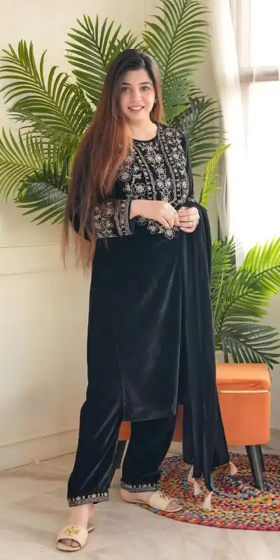 LG-1786 Black Color Viscos Velvet Embroidery Salwar Suit Paint Free Size Casual, Wedding, Festive, Events Etc. Expected Delivery 4-6 Working Days @1899/- | Casual Suits, Creative suits, Designer Suits, Party Wear Suits, Patiala Suits, Salwar suit, Straight Suits