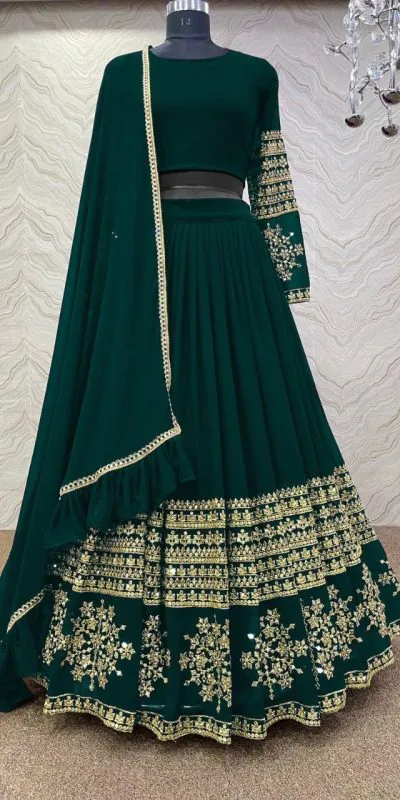 RC Butta Gold Dark Green Color Heavy Georgette Embroidery Sequins Lehenga Choli Casual, Party Wedding, Festive, Events Etc. Delivery  4-6 Working Days 1699/- | Bollywood Lehenga, Creative Lehenga, Designer Lehenga, Embroidered Lehenga, Lehenga, Party Wear Lehenga