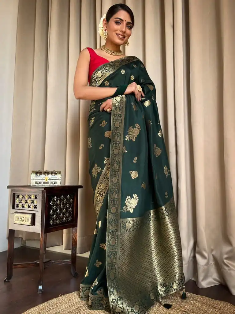 DDF 129 Green Color Banarasi Soft Silk Extra Ordinary Design Saree Casual, Party Wear, Events, Festivals Etc. Expected Delivery 4-6 Working Days 1449/- | Bollywood Sarees, Creative Sarees, Designer Sarees, Embroidered Sarees, Ethnic Saree, Modern Digital sarees, Party Wear Sarees, Sarees