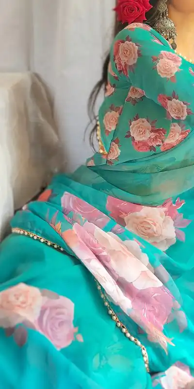 YNF7007 Green Color Georgette Printed with pearl lace border Saree Casual, Party Wear, Wedding, Events Etc. Expected Delivery 4-6 Working Days @1499/- | Bollywood Sarees, Creative Sarees, Designer Sarees, Embroidered Sarees, Ethnic Saree, Modern Digital sarees, Party Wear Sarees, Sarees