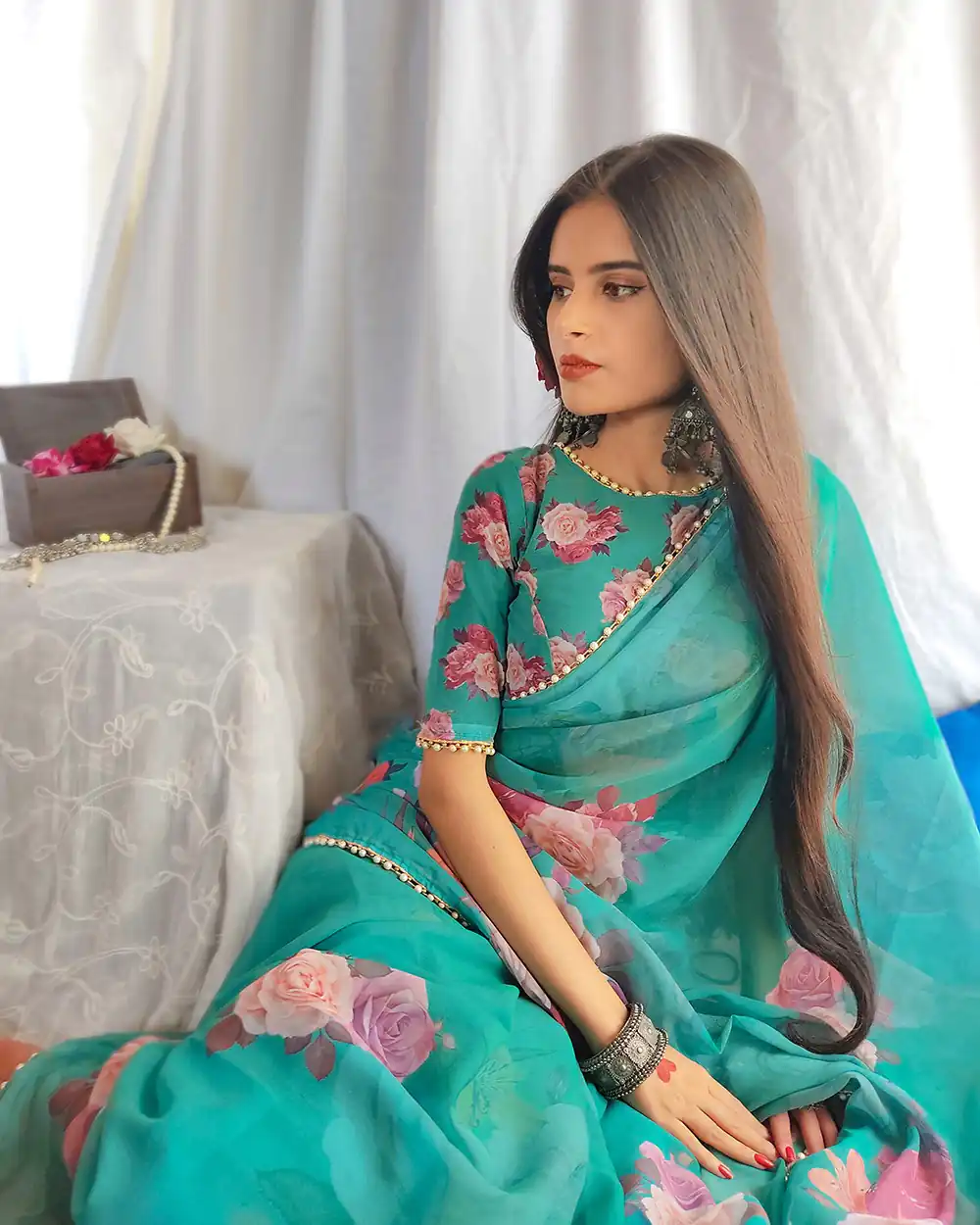 YNF7007 Green Color Georgette Printed with pearl lace border Saree Casual, Party Wear, Wedding, Events Etc. Expected Delivery 4-6 Working Days @1499/- | Bollywood Sarees, Creative Sarees, Designer Sarees, Embroidered Sarees, Ethnic Saree, Modern Digital sarees, Party Wear Sarees, Sarees