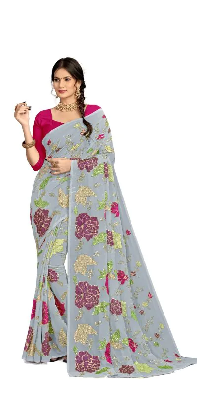 KT 248 Grey Color Georgette Fancy Thread & Sequence Saree Casual, Party Wear, Wedding   Expected Delivery 4-6 Working Days@1799/- | Bollywood Sarees, Creative Sarees, Designer Sarees, Embroidered Sarees, Party Wear Sarees, Sarees