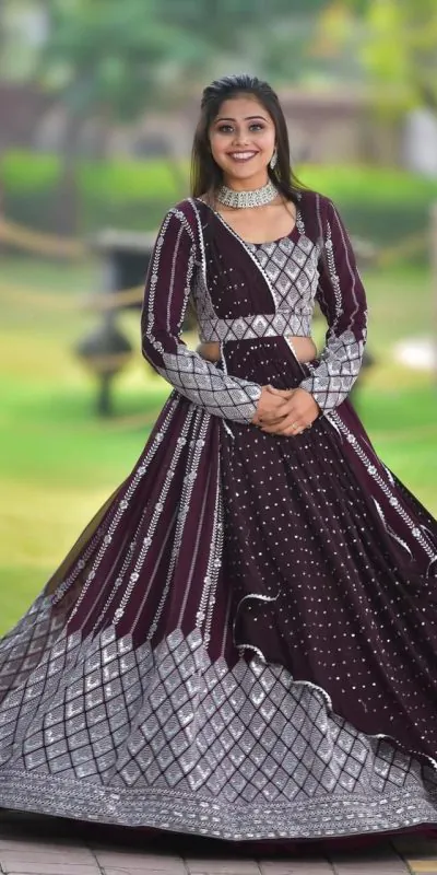 Ram 001 Maroon Color Georgette Sequence Thread Work With Zari Lehenga Choli Casual, Wedding, Festive, Events Expected Delivery 4-6 Working Days @3199/- | Bollywood Lehenga, Creative Lehenga, Designer Lehenga, Embroidered Lehenga, Lehenga, Party Wear Lehenga