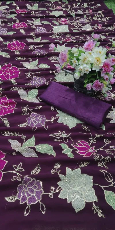 KT 248 Purple Color Georgette Fancy Thread & Sequence Saree Casual, Party Wear, Wedding   Expected Delivery 4-6 Working Days@1799/- | Bollywood Sarees, Creative Sarees, Designer Sarees, Embroidered Sarees, Party Wear Sarees, Sarees