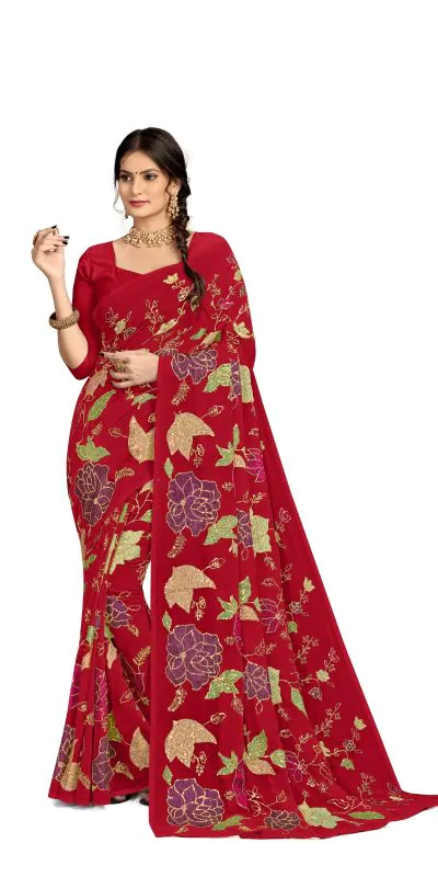 KT 248 Red Color Georgette Fancy Thread & Sequence Saree Casual, Party Wear, Wedding   Expected Delivery 4-6 Working Days@1799/- | Bollywood Sarees, Creative Sarees, Designer Sarees, Embroidered Sarees, Party Wear Sarees, Sarees