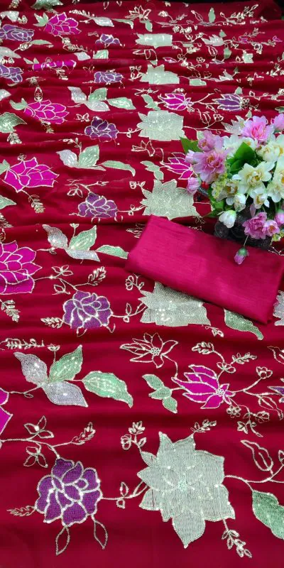 KT 248 Red Color Georgette Fancy Thread & Sequence Saree Casual, Party Wear, Wedding   Expected Delivery 4-6 Working Days@1799/- | Bollywood Sarees, Creative Sarees, Designer Sarees, Embroidered Sarees, Party Wear Sarees, Sarees