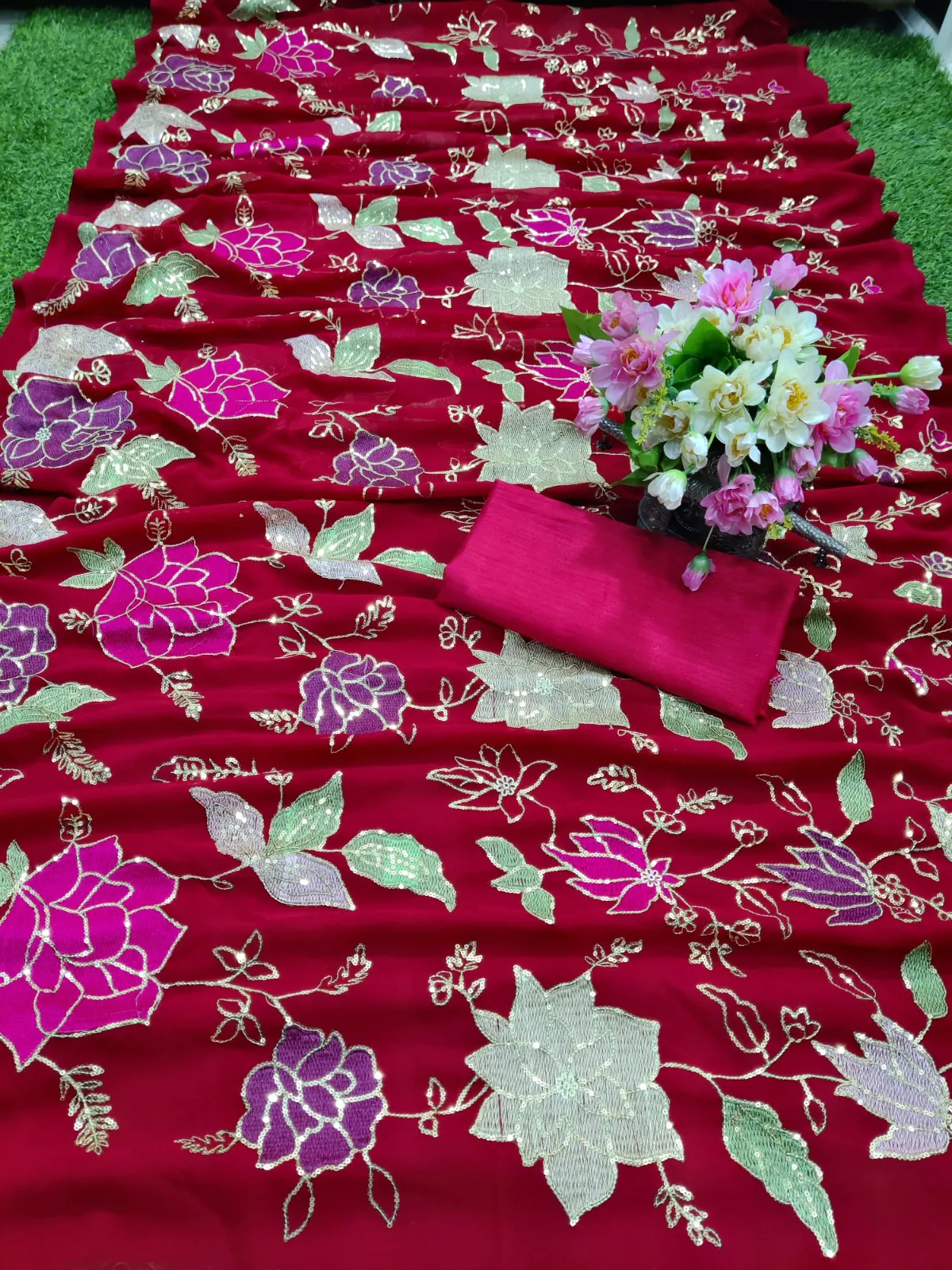 KT 248 Red Color Georgette Fancy Thread & Sequence Saree Casual, Party Wear, Wedding   Expected Delivery 4-6 Working Days@1799/- | Bollywood Sarees, Creative Sarees, Designer Sarees, Embroidered Sarees, Party Wear Sarees, Sarees