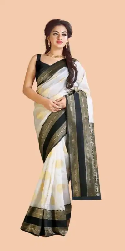 KP 5055 White & Black Color Soft Lichi Silk Jacquard Work Saree Casual, Party Wear, Wedding, Events Etc. Expected Delivery 4-6 Working Days @1499/- | Bollywood Sarees, Creative Sarees, Designer Sarees, Embroidered Sarees, Ethnic Saree, Modern Digital sarees, Party Wear Sarees, Sarees