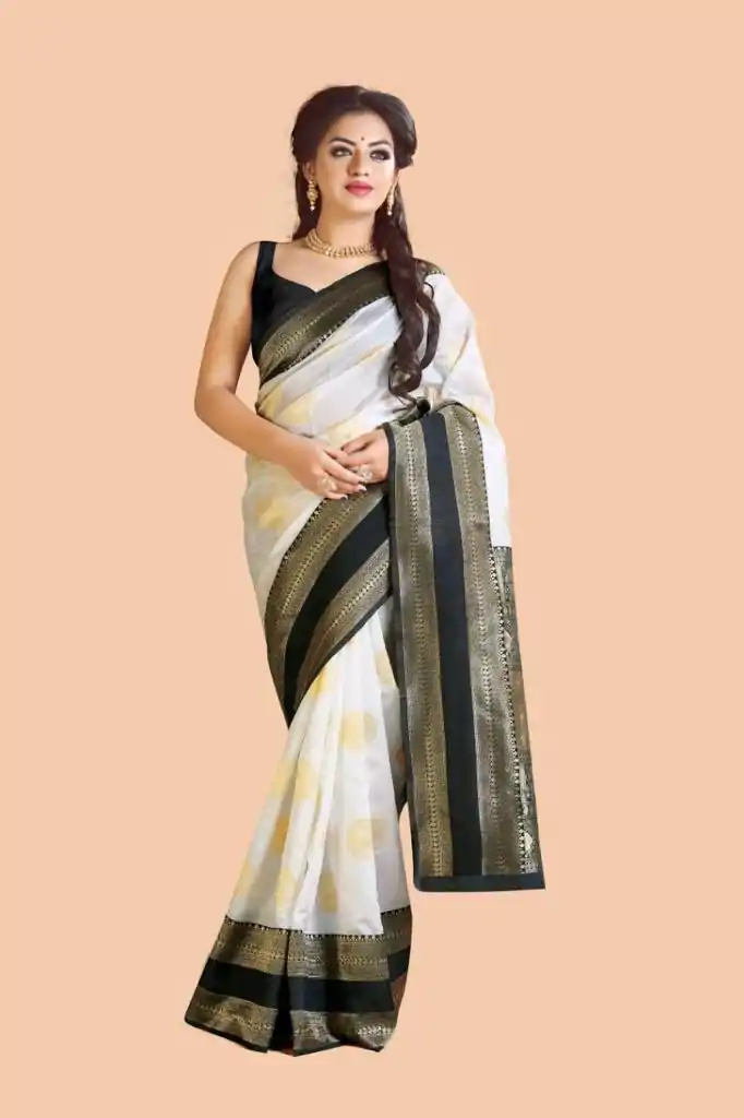 KP 5055 White & Black Color Soft Lichi Silk Jacquard Work Saree Casual, Party Wear, Wedding, Events Etc. Expected Delivery 4-6 Working Days @1499/- | Bollywood Sarees, Creative Sarees, Designer Sarees, Embroidered Sarees, Ethnic Saree, Modern Digital sarees, Party Wear Sarees, Sarees