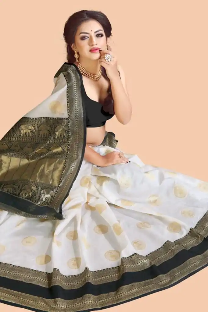 KP 5055 White & Black Color Soft Lichi Silk Jacquard Work Saree Casual, Party Wear, Wedding, Events Etc. Expected Delivery 4-6 Working Days @1499/- | Bollywood Sarees, Creative Sarees, Designer Sarees, Embroidered Sarees, Ethnic Saree, Modern Digital sarees, Party Wear Sarees, Sarees