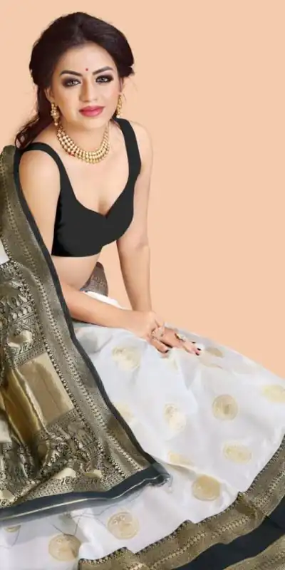 KP 5055 White & Black Color Soft Lichi Silk Jacquard Work Saree Casual, Party Wear, Wedding, Events Etc. Expected Delivery 4-6 Working Days @1499/- | Bollywood Sarees, Creative Sarees, Designer Sarees, Embroidered Sarees, Ethnic Saree, Modern Digital sarees, Party Wear Sarees, Sarees