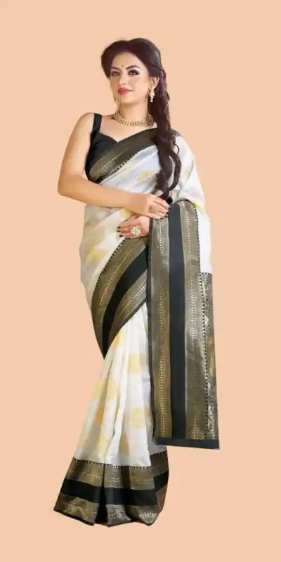 KP 5055 White & Black Color Soft Lichi Silk Jacquard Work Saree Casual, Party Wear, Wedding, Events Etc. Expected Delivery 4-6 Working Days @1499/- | Bollywood Sarees, Creative Sarees, Designer Sarees, Embroidered Sarees, Ethnic Saree, Modern Digital sarees, Party Wear Sarees, Sarees