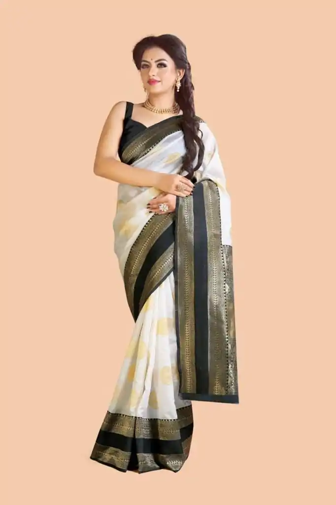 KP 5055 White & Black Color Soft Lichi Silk Jacquard Work Saree Casual, Party Wear, Wedding, Events Etc. Expected Delivery 4-6 Working Days @1499/- | Bollywood Sarees, Creative Sarees, Designer Sarees, Embroidered Sarees, Ethnic Saree, Modern Digital sarees, Party Wear Sarees, Sarees
