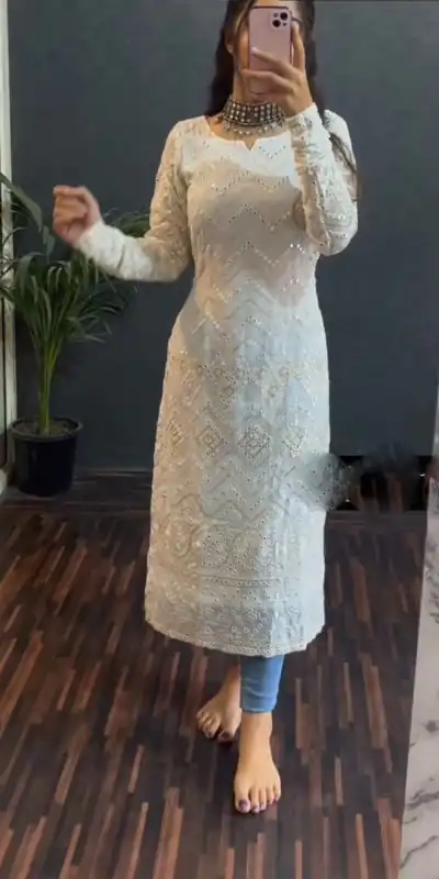 RTC 5535 White Color Foix Georgette thread Sequence Work Kurti Casual, Wedding, Party, Festive, Events Etc. Expected Delivery 4-6 Working Days @1649/- | Bollywood Kurti, Creative Kurtis, Designer Kurti, Kurti, Party Wear Kurti, Selfie Kurti