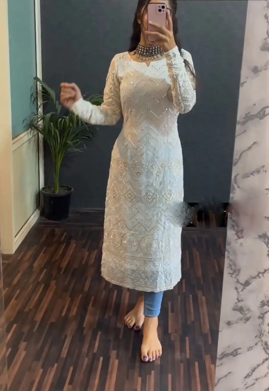 RTC 5535 White Color Foix Georgette thread Sequence Work Kurti Casual, Wedding, Party, Festive, Events Etc. Expected Delivery 4-6 Working Days @1649/- | Bollywood Kurti, Creative Kurtis, Designer Kurti, Kurti, Party Wear Kurti, Selfie Kurti