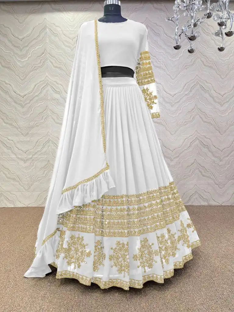 RC Butta Gold White Color Heavy Georgette Embroidery Sequins Lehenga Choli Casual, Party Wedding, Festive, Events Etc. Delivery  4-6 Working Days 1699/- | Bollywood Lehenga, Creative Lehenga, Designer Lehenga, Embroidered Lehenga, Lehenga, Party Wear Lehenga