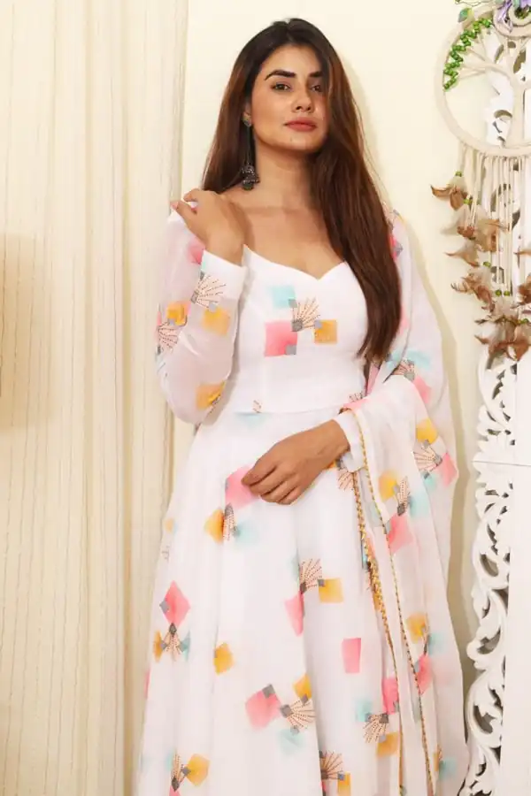 RTC 8041 C White  Color Georgette Embroidered Swarovski Anarkali Suit Casual, Wedding, Party, Festive, Events Etc. Expected Delivery 4-6 Working Days @1899 | Anarkali Suits, Bollywood Anarkali, Creative-Anarkali, Designer Anarkali, Embroidered Anarkali, Party Wear Anarkali, Straight Suits