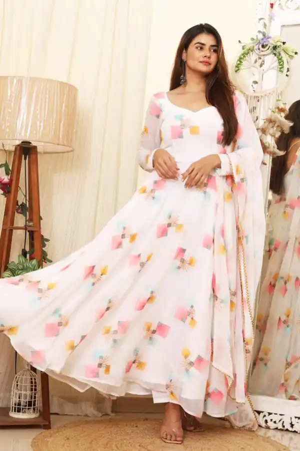 RTC 8041 C White  Color Georgette Embroidered Swarovski Anarkali Suit Casual, Wedding, Party, Festive, Events Etc. Expected Delivery 4-6 Working Days @1899 | Anarkali Suits, Bollywood Anarkali, Creative-Anarkali, Designer Anarkali, Embroidered Anarkali, Party Wear Anarkali, Straight Suits