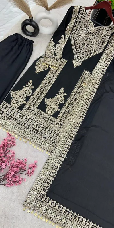 NSR 805 Black Color Pure Chinnon Silk Embroidery Coding Salwar Suit Casual, Party Festive, Events Etc. Expected Delivery 4-6 Working Days @2149/- | Jump Suits, Casual Suits, Creative suits, Designer Suits, Palazzo Suits, Party Wear Suits, Patiala Suits, Salwar suit, Straight Suits